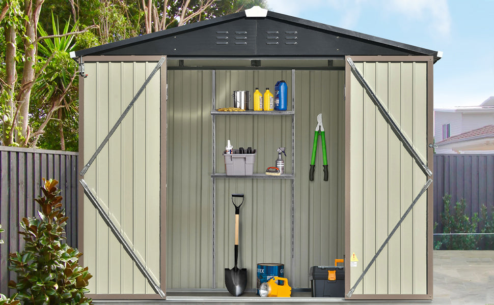 TOPMAX Patio 8ft x6ft Bike Shed Garden Shed, Metal Storage Shed with Adjustable Shelf and Lockable Doors, Tool Cabinet with Vents and Foundation Frame for Backyard, Lawn, Garden, Brown