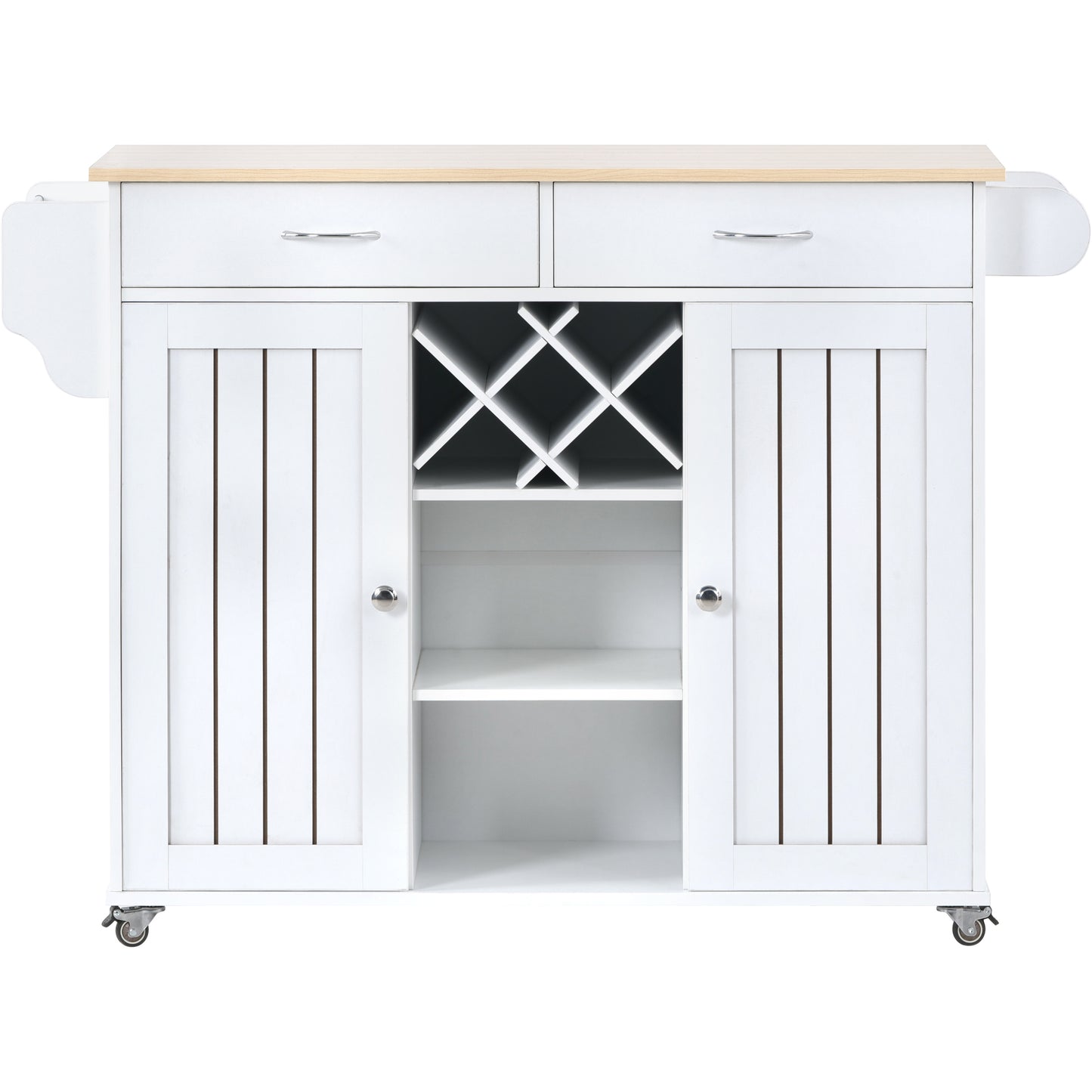 K&K Store Kitchen Island Cart with Two Storage Cabinets and Four Locking Wheels，Wine Rack, Two Drawers,Spice Rack, Towel Rack （White）