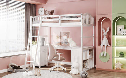 Twin size Loft Bed with Drawers, Cabinet, Shelves and Desk, Wooden Loft Bed with Desk - White(OLD SKU :LP000505AAK)