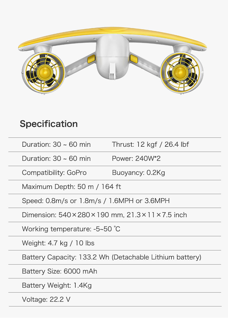 W7 Sea scooter 50m Maximum Depth Compatible with GoPro for Water Sports Swimming Pool & Diving ,Yellow