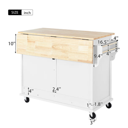 K&K Kitchen Cart with Rubber wood Drop-Leaf Countertop, Concealed sliding barn door adjustable height,Kitchen Island on 4 Wheels with Storage Cabinet and 2 Drawers,L52.2xW30.5xH36.6 inch, White