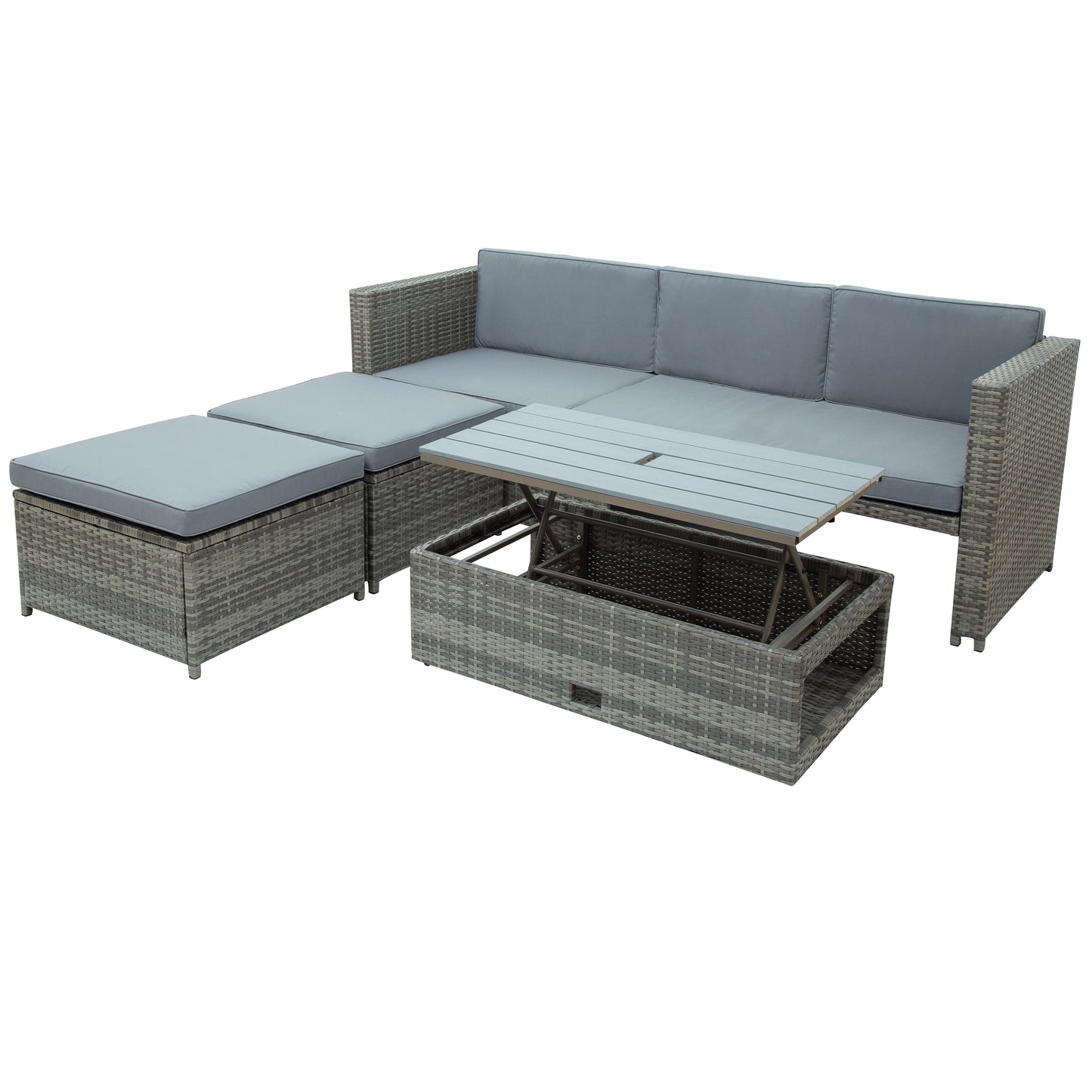 TOPMAX 4-piece Outdoor Backyard Patio Rattan Sofa Set, All-weather PE Wicker Sectional Furniture Set with Retractable Table, Gray