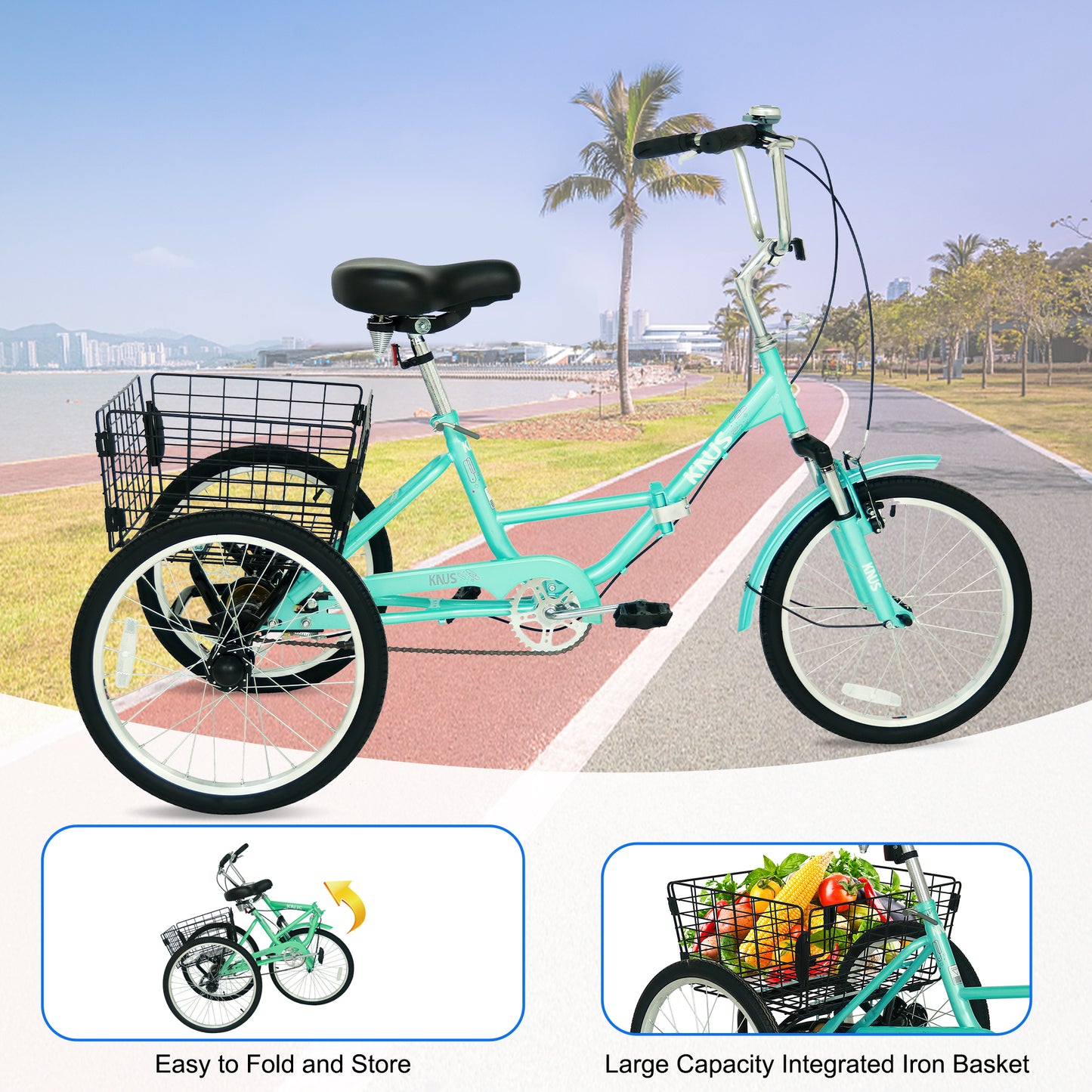 Adult Folding Tricycle ,Foldable 20 inch 3 Wheel Bikes,Single Speed Portable Cruiser Bicycles with Shopping Basket for Seniors,Women, Men