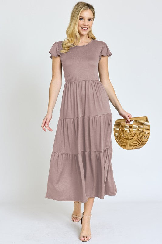 Solid Flutter Sleeve Tiered Tea Length Dress