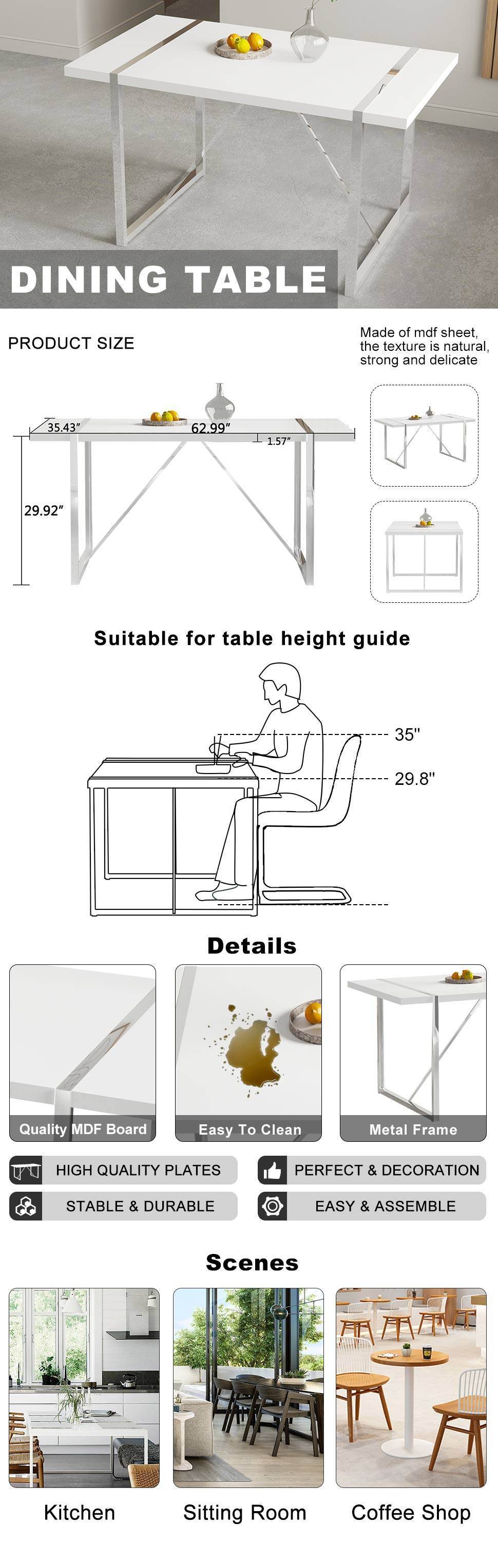 Rustic Industrial Rectangular MDF Wood White Dining Table For 4-6 Person, With 1.6" Thick Engineered Wood Tabletop and plating Metal Legs, For writing DeskKitchen terrace Dining Living Room,