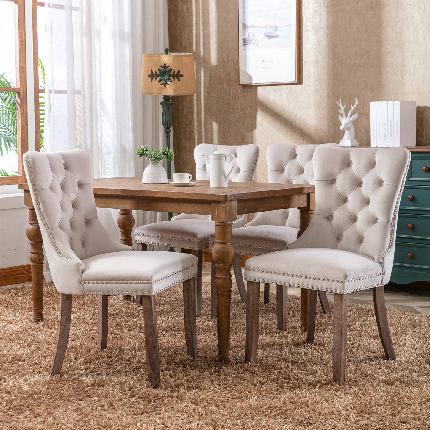 Nikki Collection Modern, High-end Tufted Solid Wood Contemporary Velvet Upholstered Dining Chair with Wood Legs Nailhead Trim 2-Pcs Set，Beige, SW8801BG