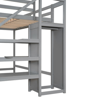 Full Size Loft Bed with Built-in Storage Wardrobe and Staircase,Gray