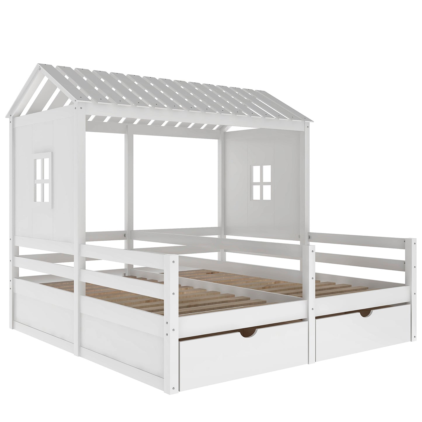 Twin Size House Platform Beds with Two Drawers for Boy and Girl Shared Beds, Combination of 2 Side by Side Twin Size Beds, White