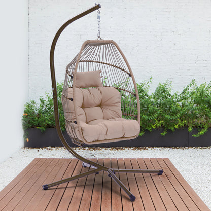 Outdoor Patio Wicker Folding Hanging Chair,Rattan Swing Hammock Egg Chair With Cushion And Pillow