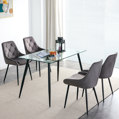 Kitchen Dining Room Metal legs Glass Table Set with 4 pcs grey velvet fabric dining chairs