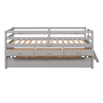 Low Loft Bed Twin Size with Full Safety Fence, Climbing ladder, Storage Drawers and Trundle Gray Solid Wood Bed