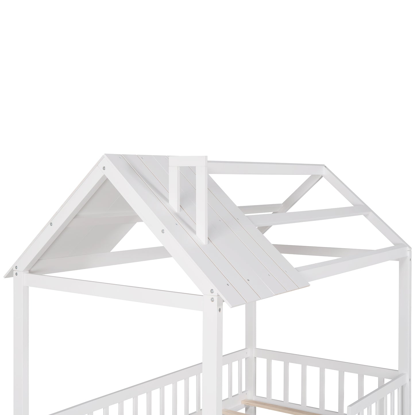 Twin Size Wood House Bed with Fence, White