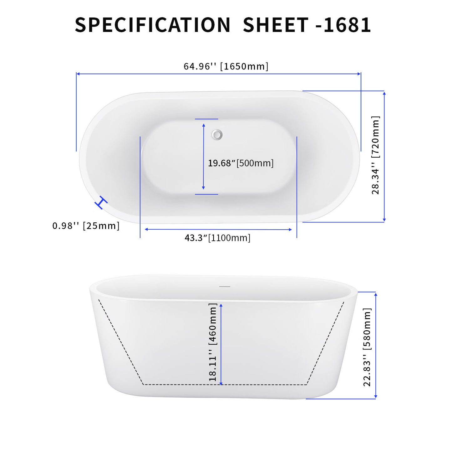 65" 100% Acrylic Freestanding Bathtub，Contemporary Soaking Tub，white Bathtub