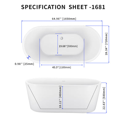 65" 100% Acrylic Freestanding Bathtub，Contemporary Soaking Tub，white Bathtub