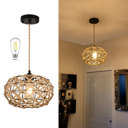 Hemp Rope Cage Pendant Light with LED Bulb