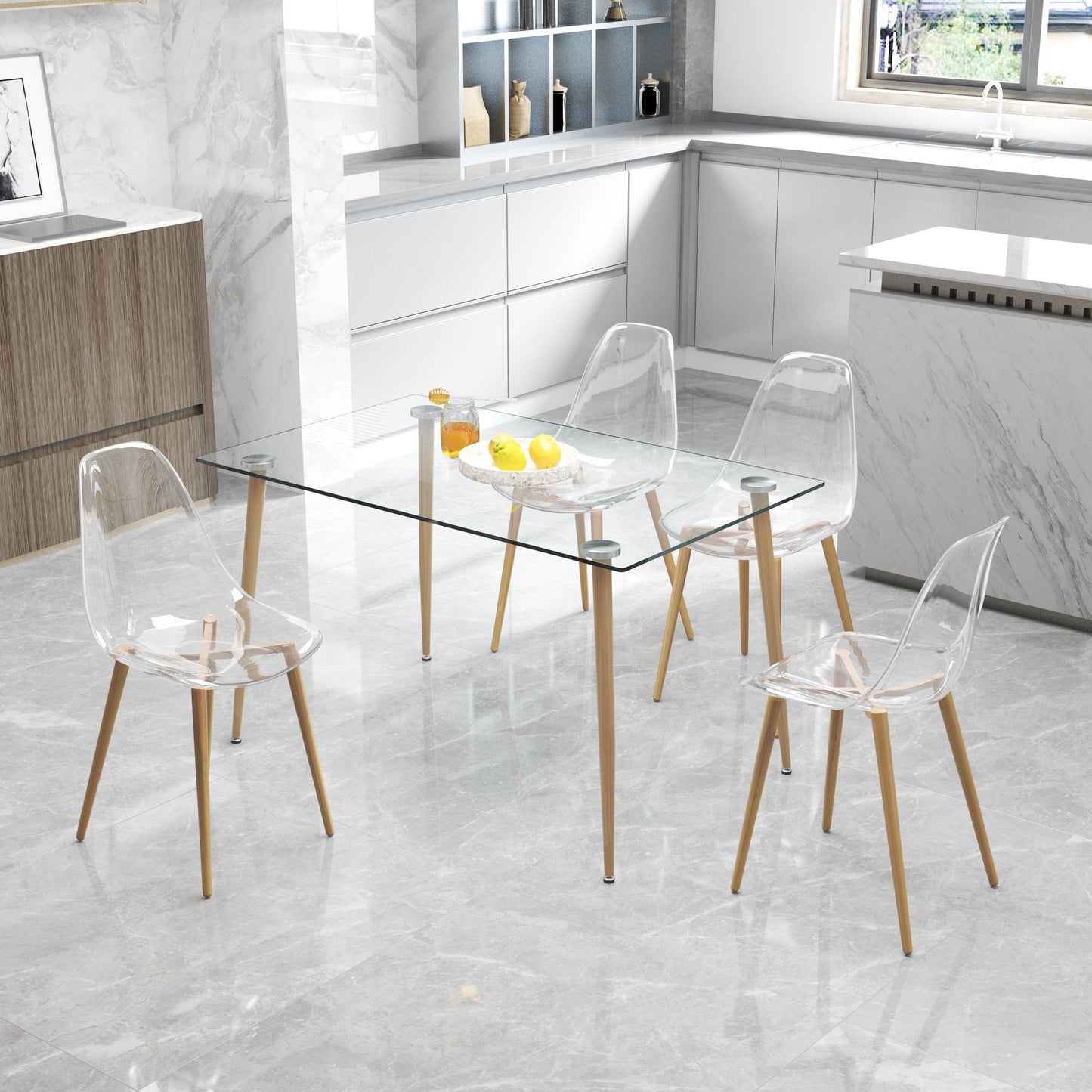 Modern simple transparent dining chair plastic chair armless crystal chair Nordic creative makeup stool negotiation chair Set of 4 and wood color metal leg