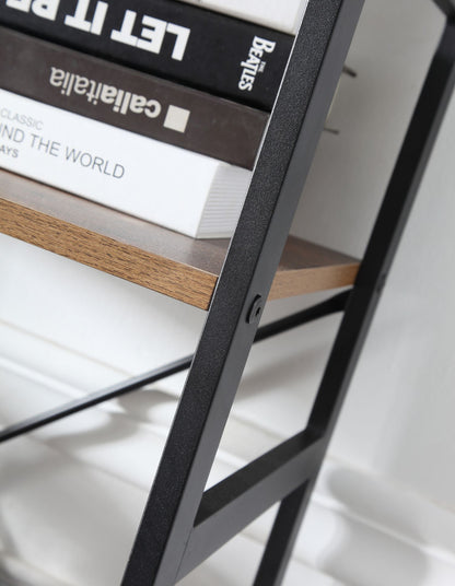 Ladder Shelf Bookcase 5 Tiers | Bookshelf with Open Storage, Metal Frame with Wood Board | Rustic + Black