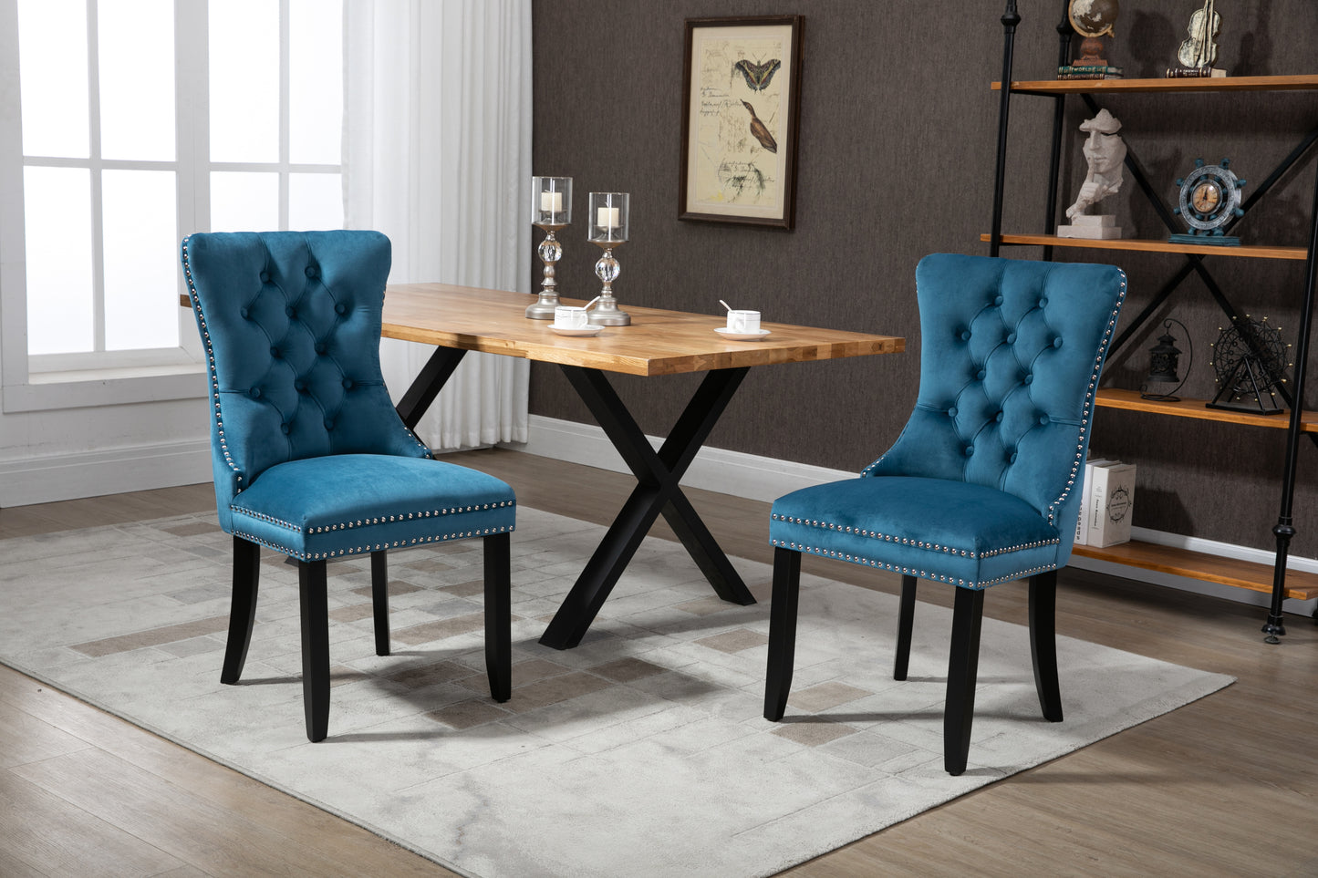 Upholstered Button Tufted Back  Velvet Dining Chair with Nailhead Trim and Solid Wood Legs 2 Sets