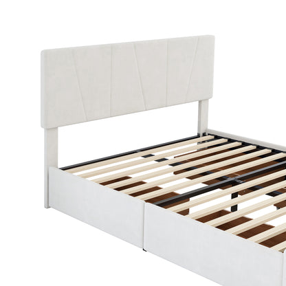 Full Size Upholstery Platform Bed with Four Drawers on Two Sides,Adjustable Headboard,Beige