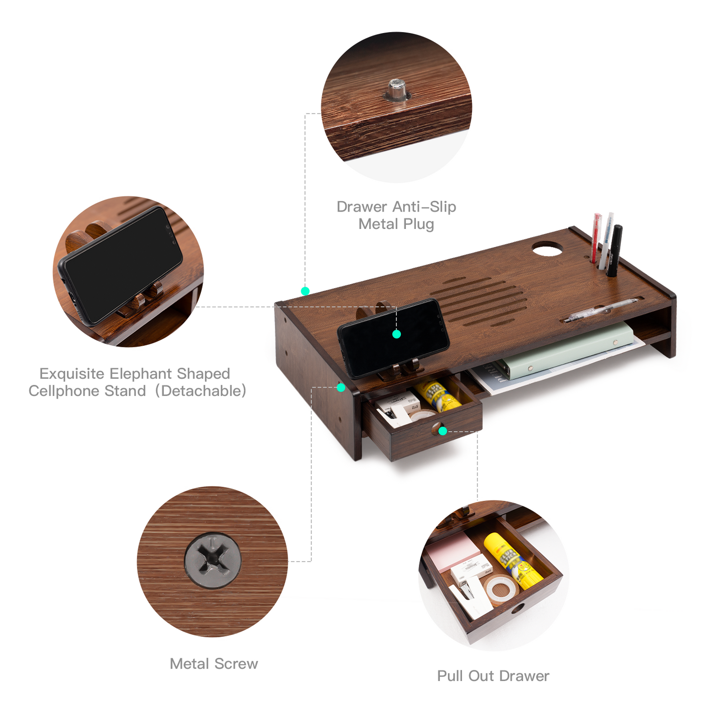 Wood Monitor Stand Riser, Desktop Organizer with One Drawer Storage, Walnut Monitor Stand for Computer Laptop