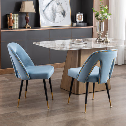 A&A Furniture,Akoya Collection Modern | Contemporary Velvet Upholstered Dining Chair with Nailheads and Gold Tipped Black Metal Legs, Light Blue，Set of 2