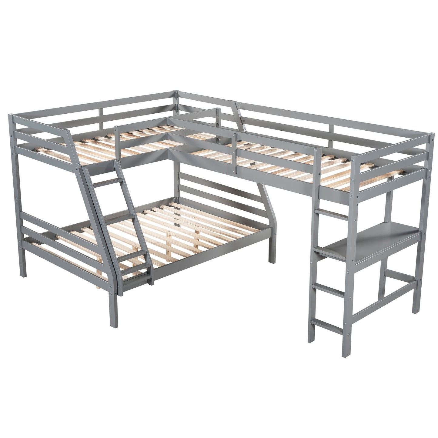 L-Shaped Twin over Full Bunk Bed and Twin Size Loft Bed with Built-in Desk,Gray