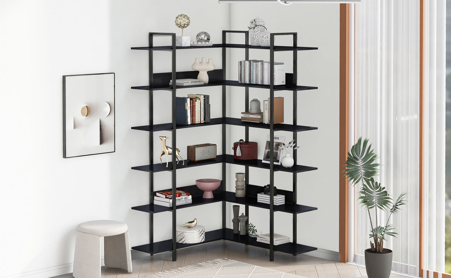 74.8 Inch Bookshelf L-shape MDF Boards Stainless Steel Frame Corner 6-tier Shelves Adjustable Foot Pads, Black