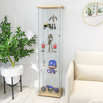 Glass Cabinet    Glass Display Cabinet 4 Shelves with Door, Floor Standing Curio Bookshelf for Living Room Bedroom Office, 64” x 17”x 14.5”, Natural Wood