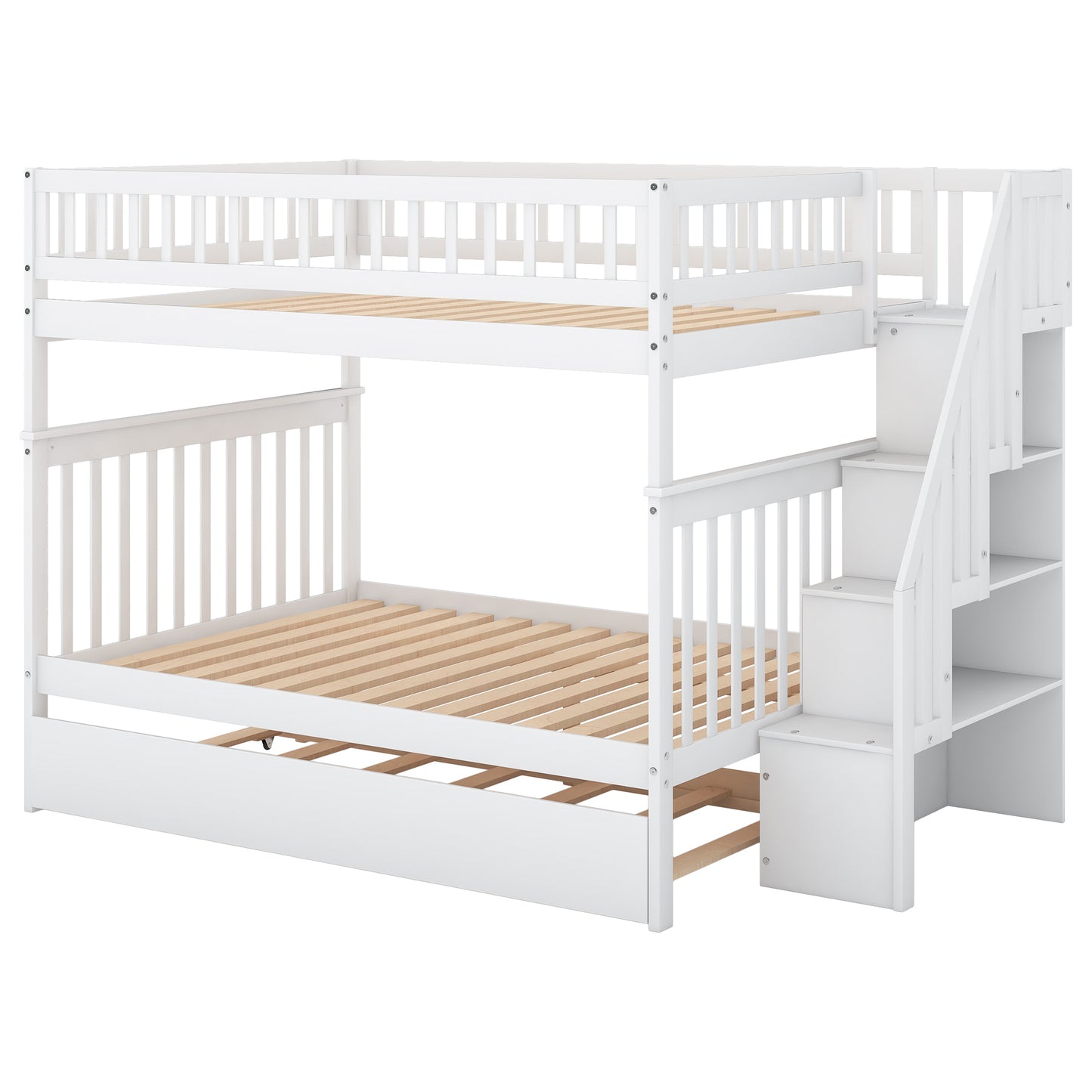 Full over Full Bunk Bed with Trundle and Staircase,White