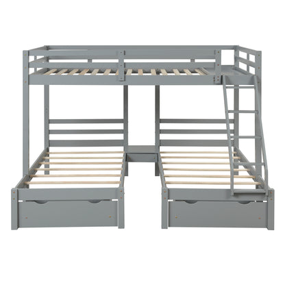 Solid Wood Full over  Twin & Twin Bunk Bed with 3 Storage Drawers, Grey (96.8”x79”x68.3”)