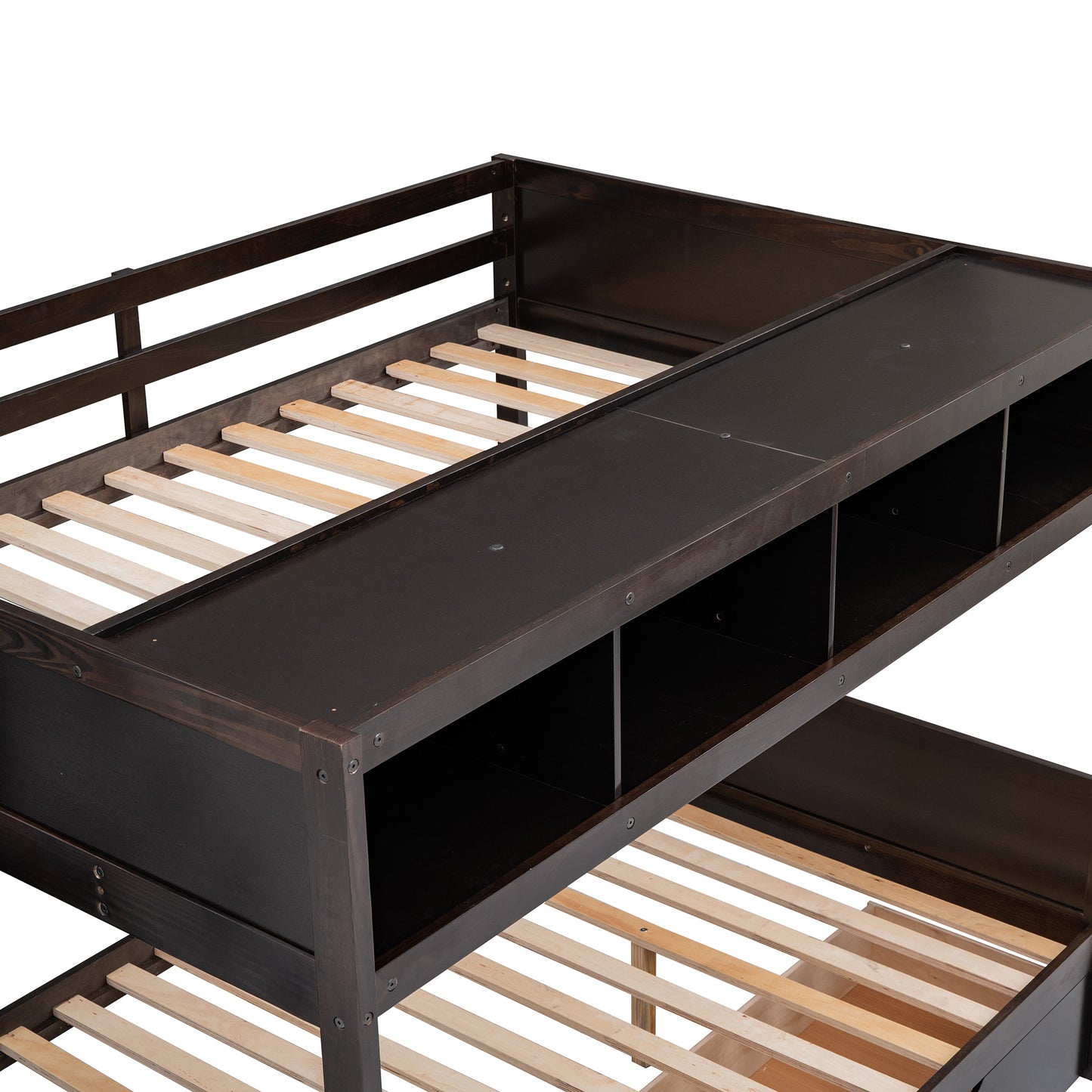 Twin over Full Bunk Bed with Shelfs, Storage Staircase and 2 Drawers, Espresso