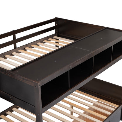 Twin over Full Bunk Bed with Shelfs, Storage Staircase and 2 Drawers, Espresso