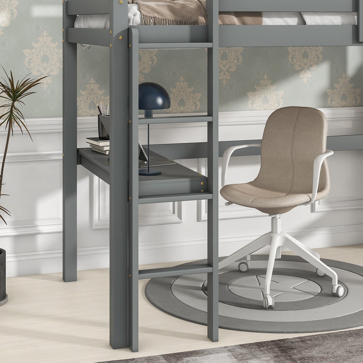 Twin Loft Bed with  built-in desk,Grey