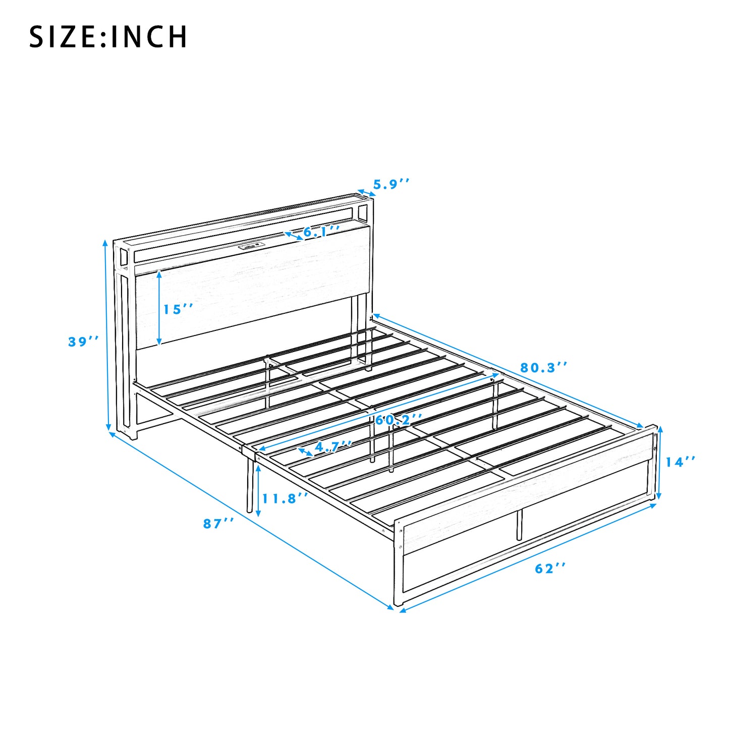 Queen Size Metal Platform Bed Frame with Sockets, USB Ports and Slat Support ,No Box Spring Needed Black