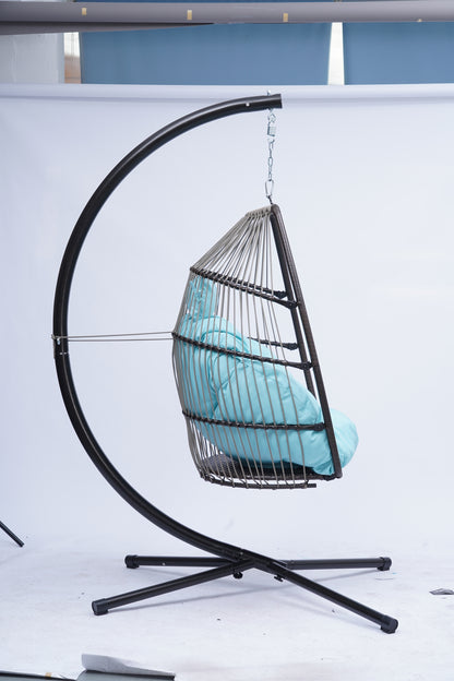 Patio Wicker folding Hanging Chair,Rattan Swing Hammock Egg Chair with C Type bracket , with cushion and pillow,for Indoor,Outdoor，Blue