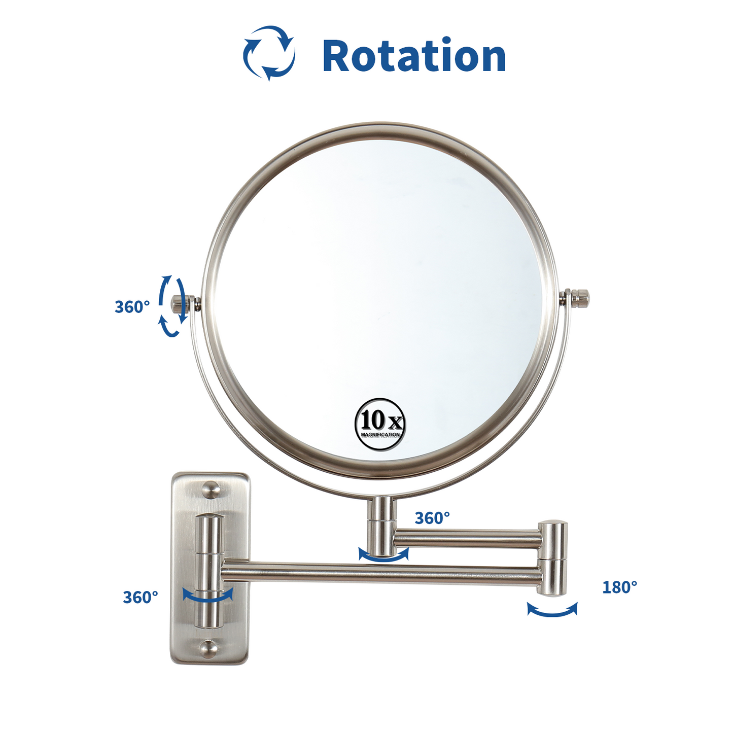 8-inch Wall Mounted Makeup Vanity Mirror, 1X / 10X Magnification Mirror, 360° Swivel with Extension Arm (Brushed Nickel)