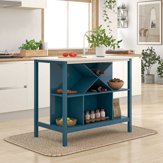 TOPMAX Farmhouse Wood Stationary Counter Height Kitchen Island Dining Table with  Shelves and Wine Rack for Small Places,Blue Frame+White Top