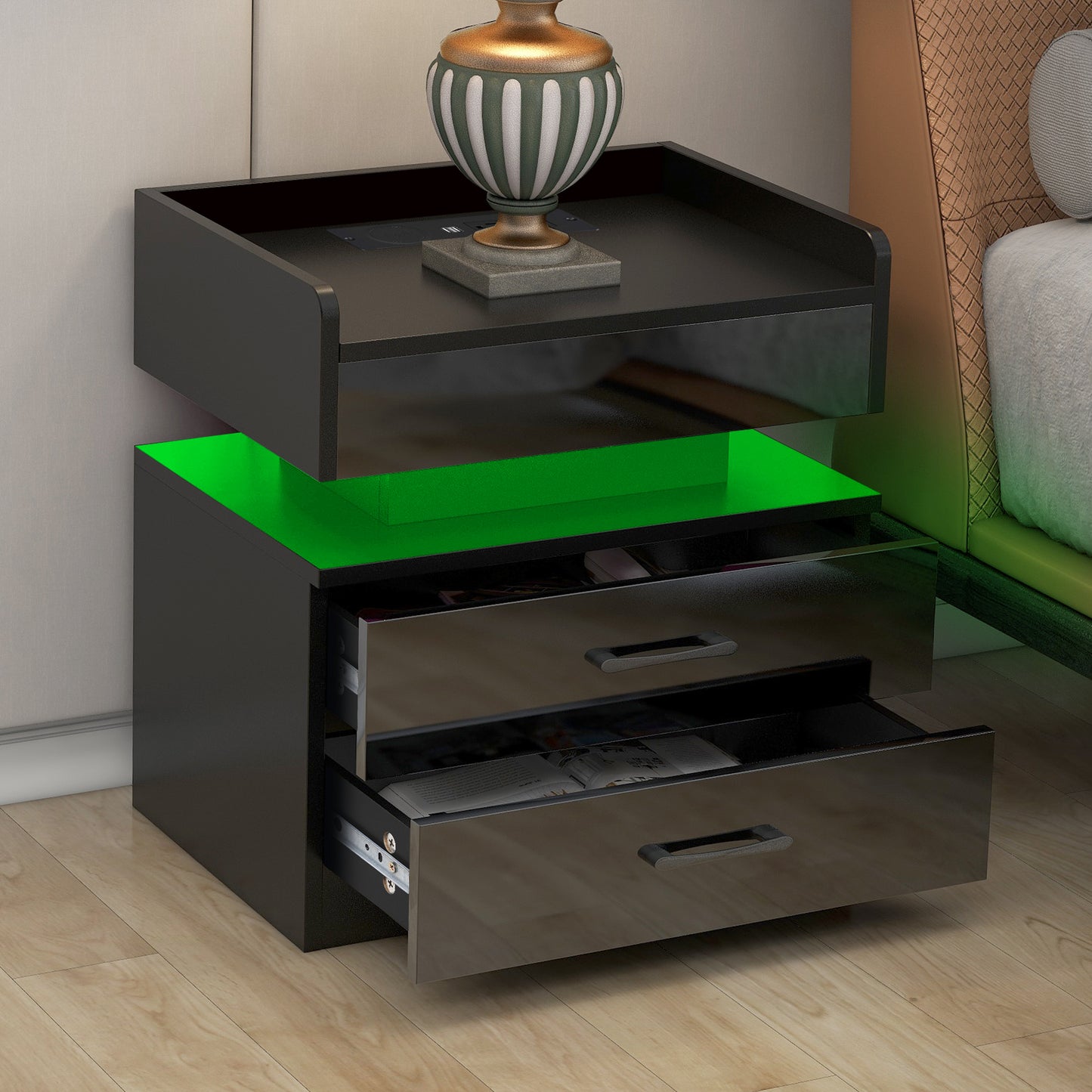 Nightstand with 2 Drawers,USB Charging Ports, Wireless Charging and Remote Control LED Light-Black