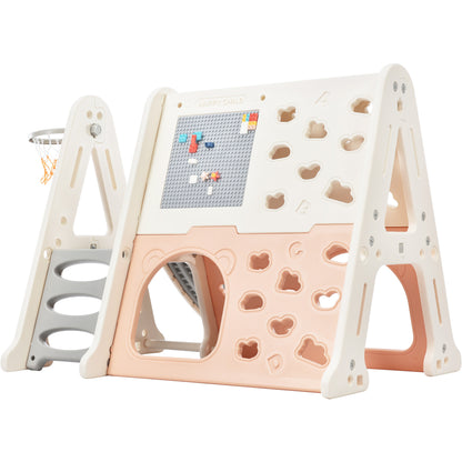 7-in-1 Toddler Climber and Slide Set Kids Playground Climber Slide Playset with Tunnel, Climber, Whiteboard,Toy Building Block Baseplates, Basketball Hoop Combination for Babies