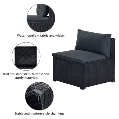 GO 6-Piece Outdoor Furniture Set with PE Rattan Wicker, Patio Garden Sectional Sofa Chair, removable cushions (Black wicker, Grey cushion)