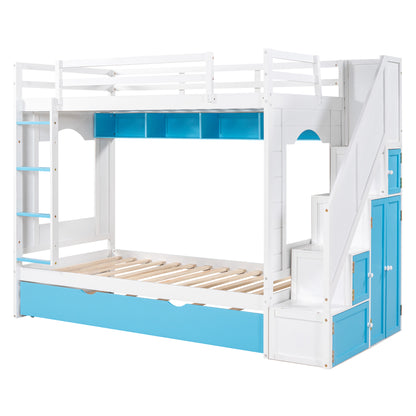 Twin Over Twin Bunk Bed with Trundle ,Stairs,Ladders Solid Wood Bunk bed with Storage Cabinet （White + Blue）