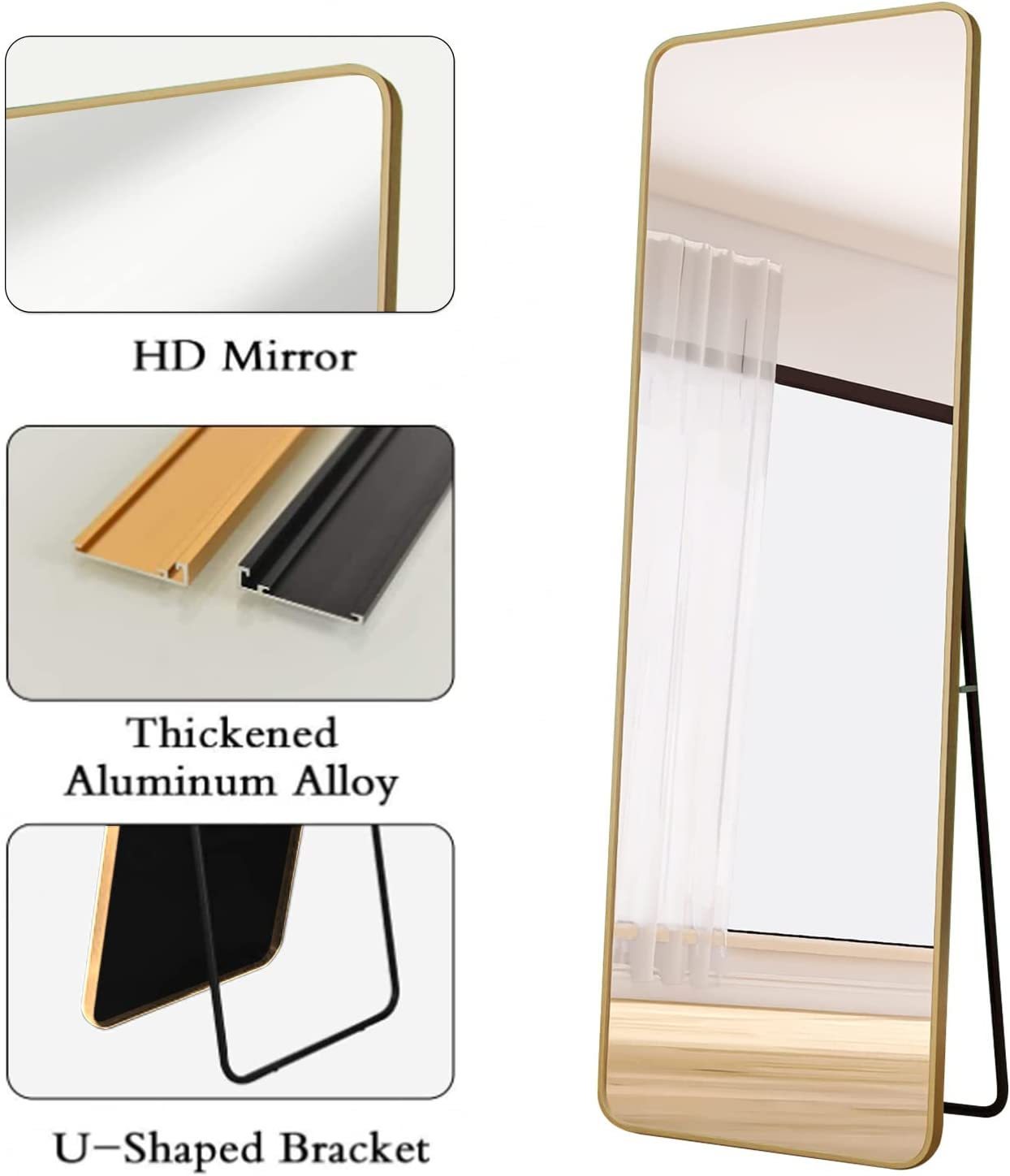 Full-Length Mirror 63"x20", Round Corner Aluminum Alloy Frame Floor Full Body Large Mirror, Stand or Leaning Against Wall for Living Room or Bedroom, Gold