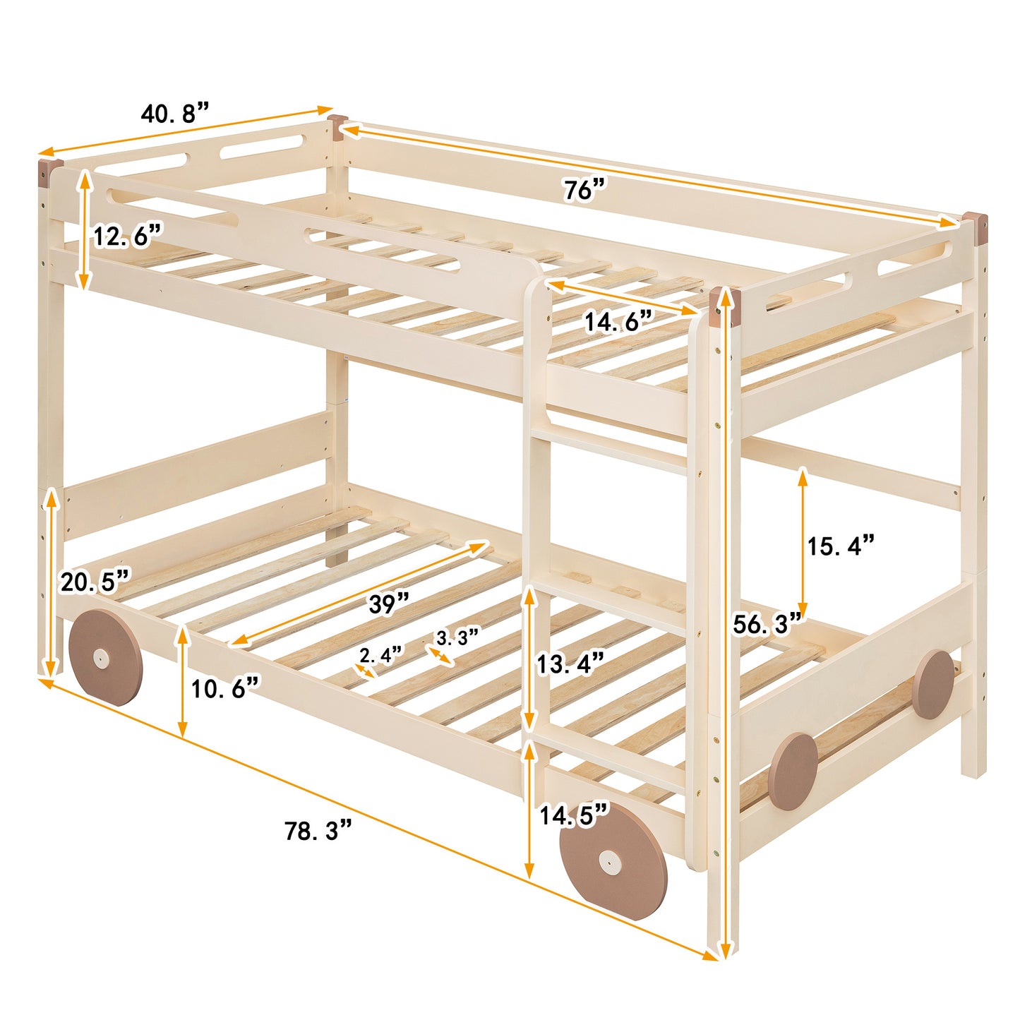 Twin Size Car-Shaped Convertible Bunk Bed, White, Natural+Brown