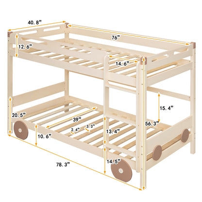 Twin Size Car-Shaped Convertible Bunk Bed, White, Natural+Brown