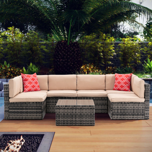 7Pcs Outdoor Garden Patio Furniture  PE Rattan Wicker  Sectional Cushioned Sofa Sets with 2 Pillows and Coffee Table