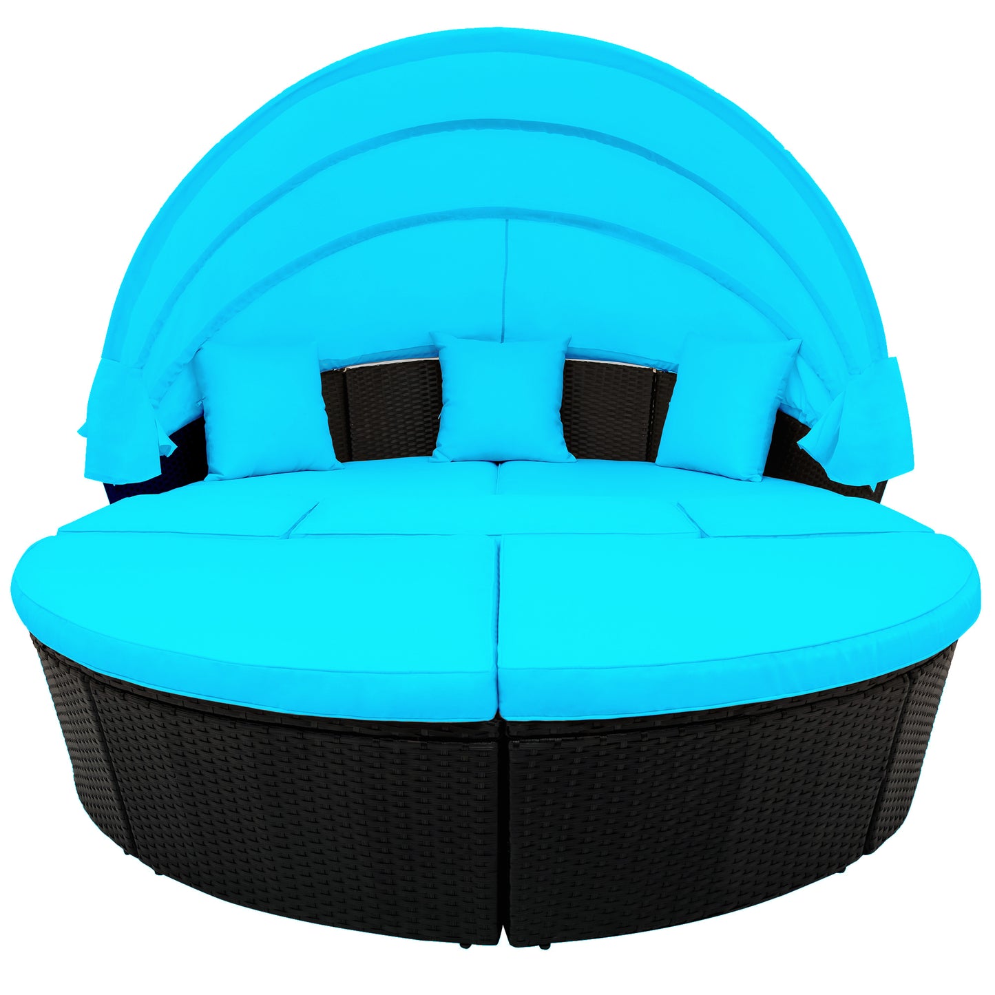 Outdoor rattan daybed sunbed with Retractable Canopy Wicker Furniture, Round Outdoor Sectional Sofa Set, black Wicker Furniture Clamshell  Seating with Washable Cushions, Backyard, Porch, Blue.