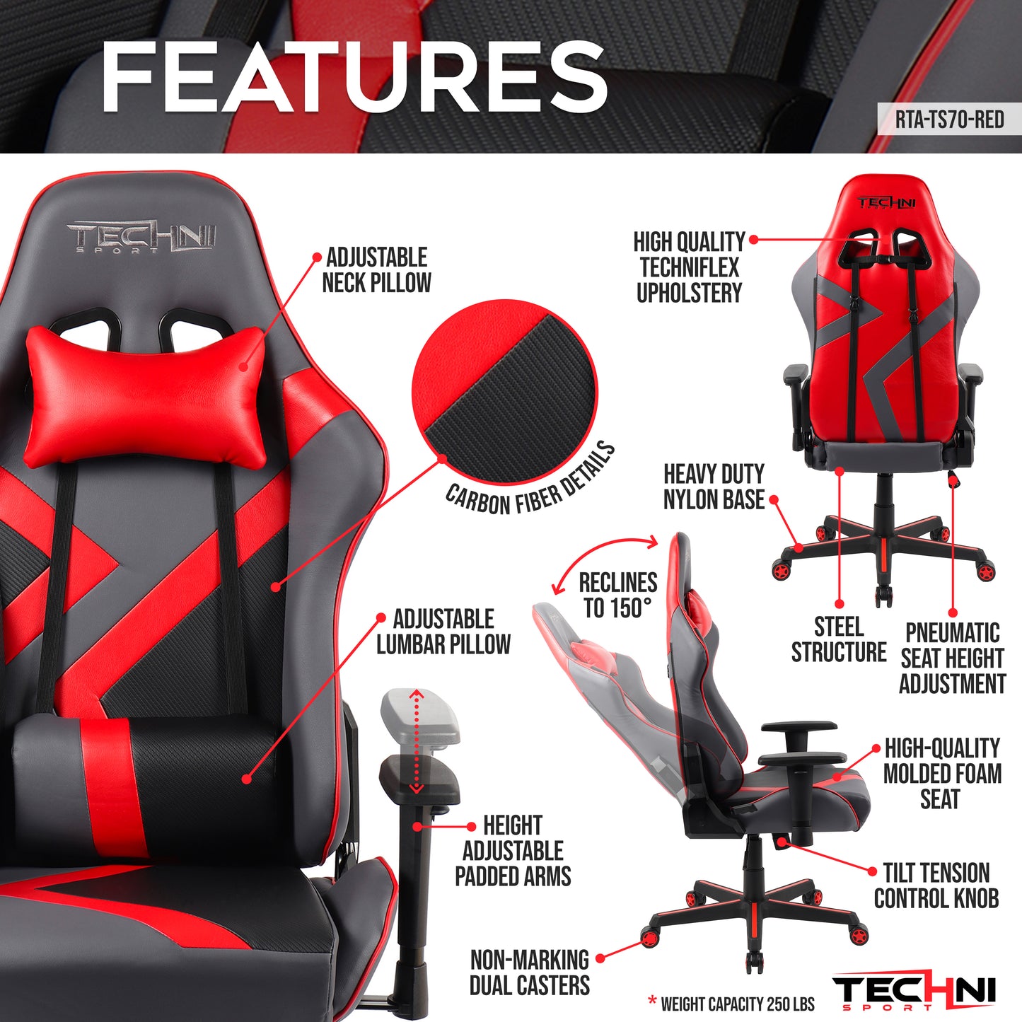 Techni Sport TS-70 Office-PC Gaming Chair, Red