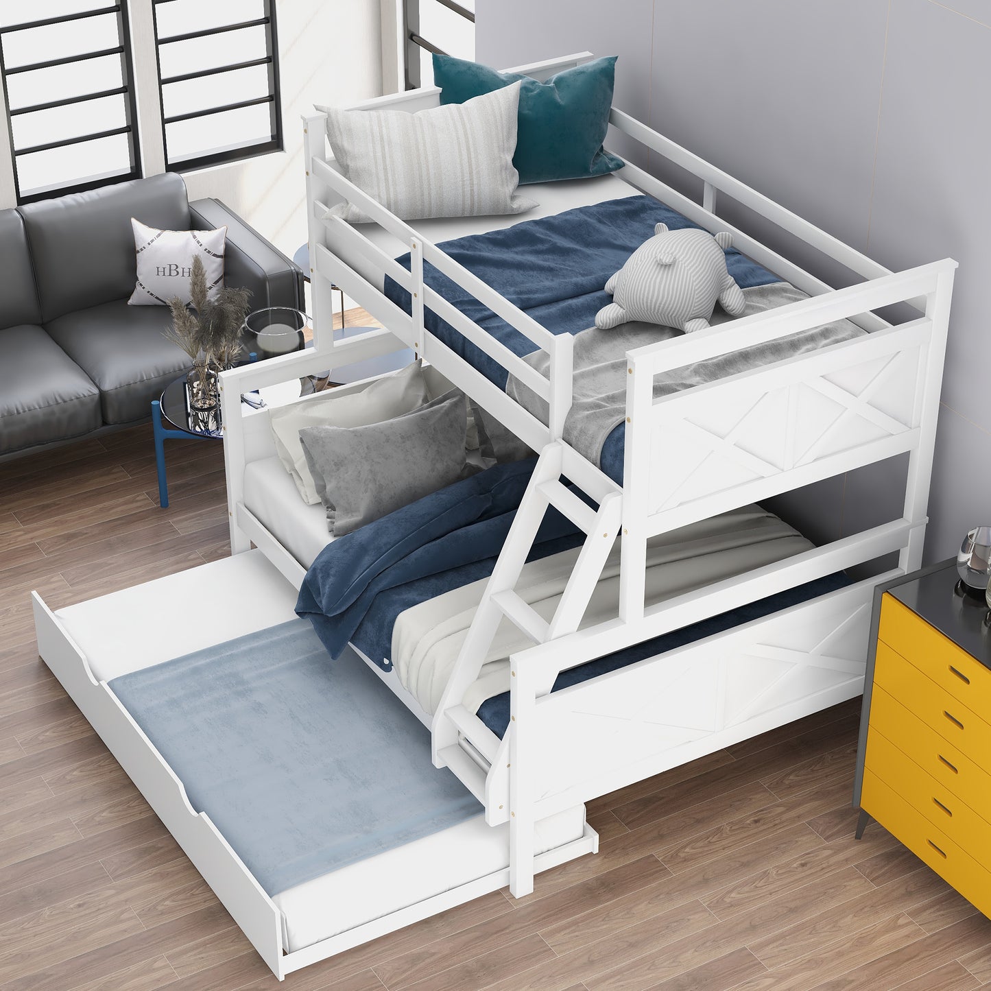 Twin over Full Bunk Bed with Ladder, Twin Size Trundle, Safety Guardrail, White