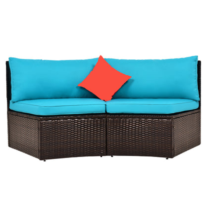 TOPMAX 4-Piece Patio Furniture Sets, Outdoor Half-Moon Sectional Furniture Wicker Sofa Set with Two Pillows and Coffee Table, Blue Cushions+Brown Wicker