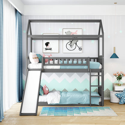 Twin Over Twin Bunk Bed with Slide, House Bed with Slide, Gray(OLD SKU: LP000213AAE)